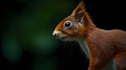 Obraz premium Red Squirrel Profile Closeup In Dark Forest