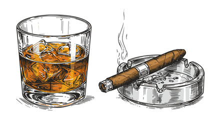 Hand-drawn whiskey tumbler with cigar and ashtray illustration  