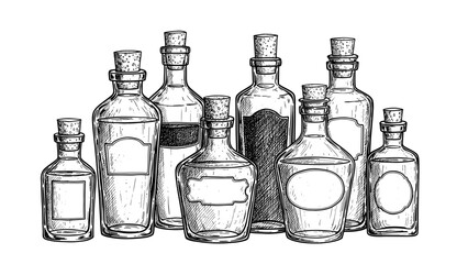 Vintage glass bottles collection in sketch illustration style  