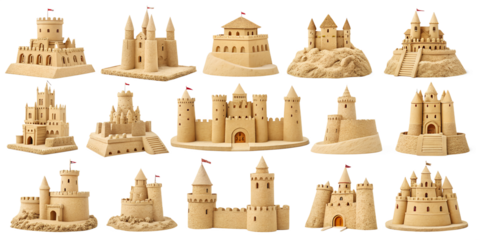 various sandcastles isolated on transparent background for travel websites, postcards