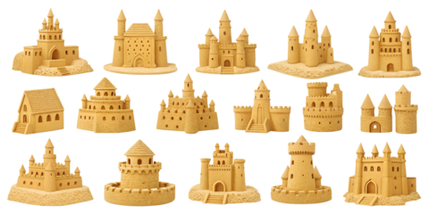 various sandcastles isolated on transparent background for travel websites, postcards