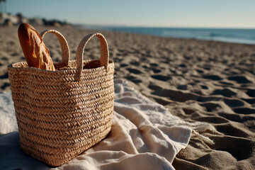 A lifestyle image featuring a natural woven straw bag placed on a textured beach blanket spread over warm sand