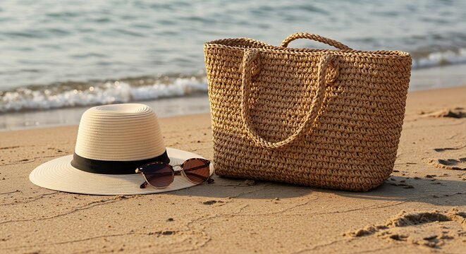 A stylish straw beach bag resting on the sand, with a pair of sunglasses and a sunhat nearby, capturing the essence of summer relaxation
