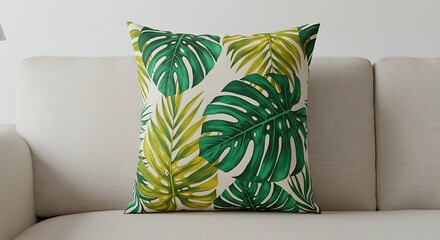 A vibrant throw pillow with a bold tropical leaf print in lush greens and yellows, placed on a sofa