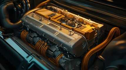 Fototapeta premium Detailed view of a powerful car engine showcasing intricate mechanical design