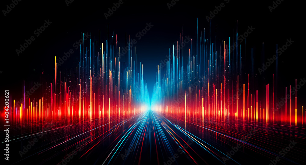 Poster a vibrant visual of colored lights converging from opposite sides towards a central point, creating 