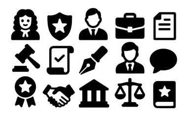 lawyer judge icons set of black legal and law-related vector icons featuring judge, lawyer, gavel, contract, courthouse, scale of justice, handshake, briefcase, document, pen nib, and shield with star