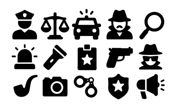 police officer detective icons set of black police and investigation vector icons including officer, badge, police car, gun, handcuffs, detective, scale of justice, magnifying glass, siren, megaphone