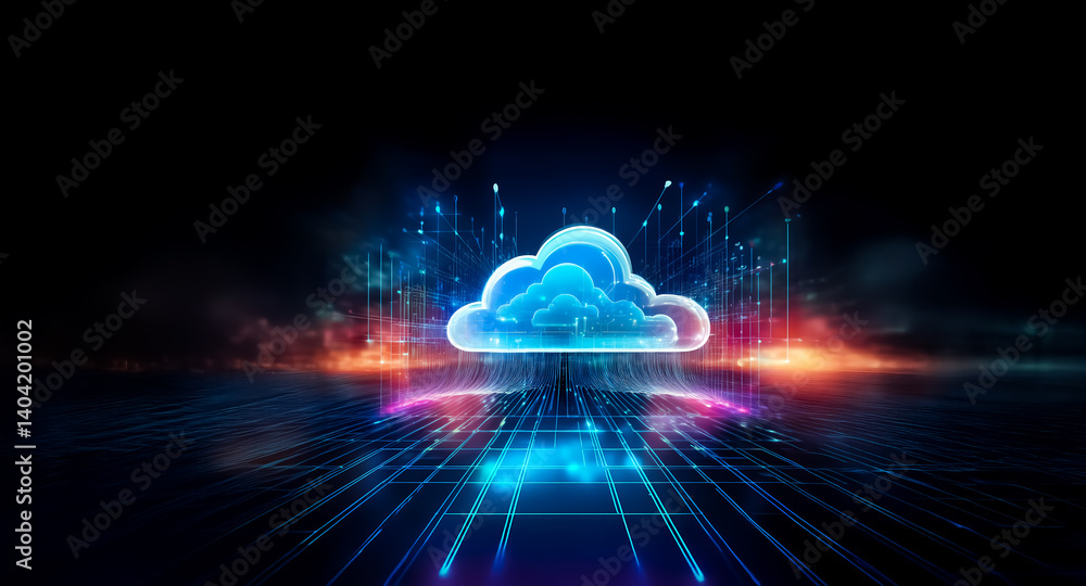 Poster a glowing cloud hovers, emitting radiant energy that merges with flowing lines below. a digital stre