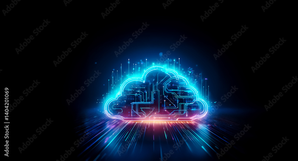 Poster the image shows a glowing cloud with circuit-board patterns, emanating light. it suggests data stora