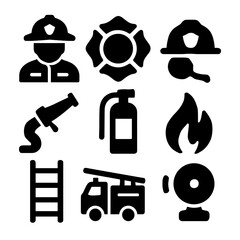 Firefighter icons set of black firefighter and fire safety vector icons including firefighter, helmet, fire hose, extinguisher, flame, ladder, firetruck, alarm bell, and fire department symbol on whit