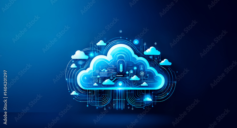 Poster this image shows a digital cloud illustration, with glowing elements signifying data storage and tec
