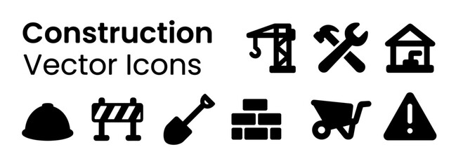 construction icons set of black construction vector icons including crane, tools, helmet, construction barrier, shovel, bricks, wheelbarrow, and warning sign on white background