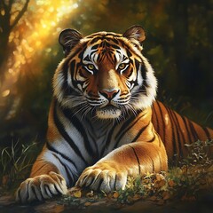 Fototapeta premium Majestic tiger lying gracefully in the jungle with golden light high resolution image