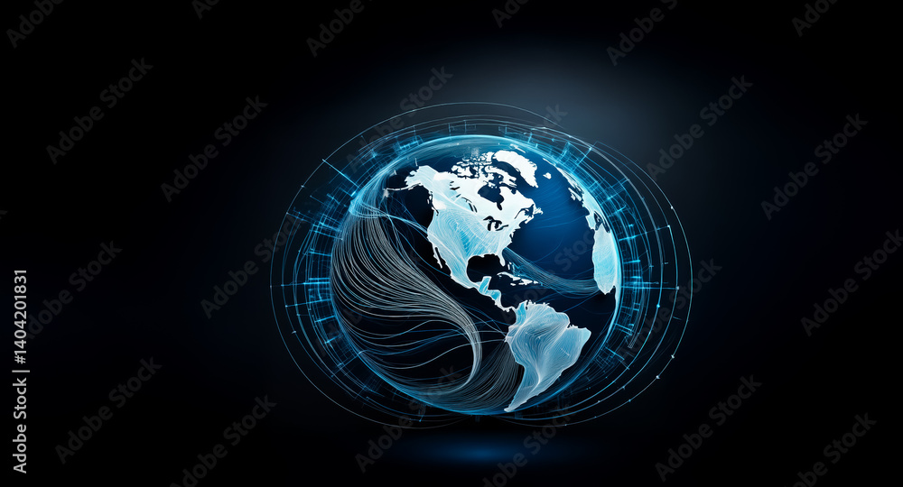 Aufkleber digital world illustration. a blue-hued globe is enveloped by interconnected, flowing lines represen