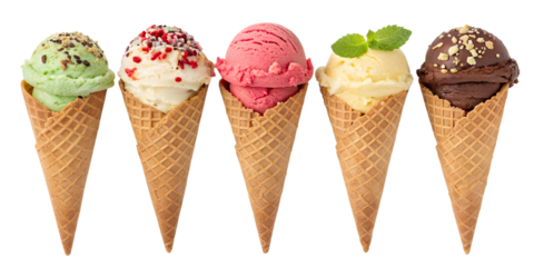 various ice cream scoops in waffle cone isolated on transparent background