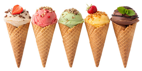 various ice cream scoops in waffle cone isolated on transparent background