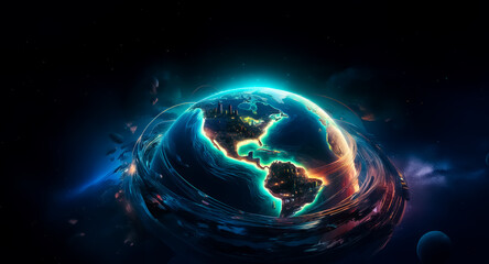 Here's a description and keywords for the image, considering your guidelines:

A vibrant, cosmic scene. The celestial body glows with electric colors and is surrounded by swirling energy. Hints of con