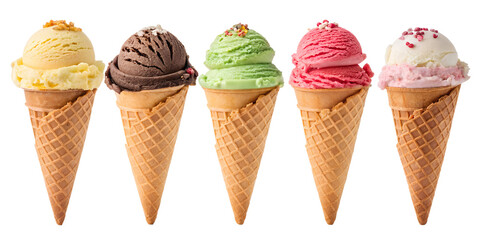 various ice cream scoops in waffle cone isolated on transparent background