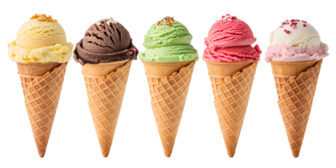 various ice cream scoops in waffle cone isolated on transparent background