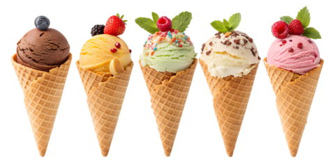 various ice cream scoops in waffle cone isolated on transparent background
