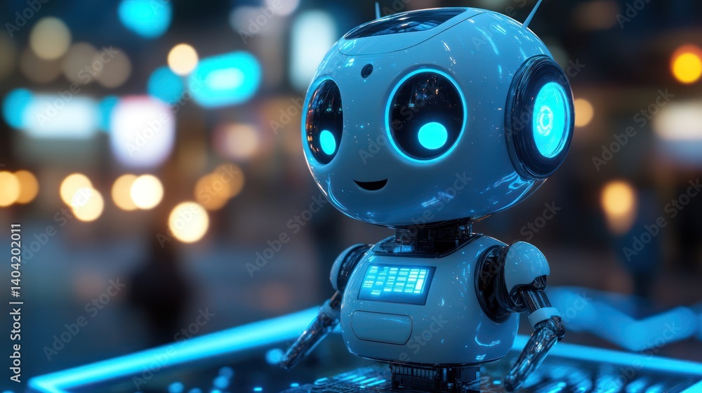 Poster charming ai companion: a cute robot with a gentle smile in a futuristic setting