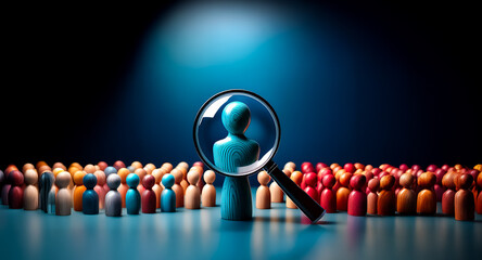 A single figure is highlighted with a magnifying glass, set against a crowd of figures under a spotlight. It hints at selection.