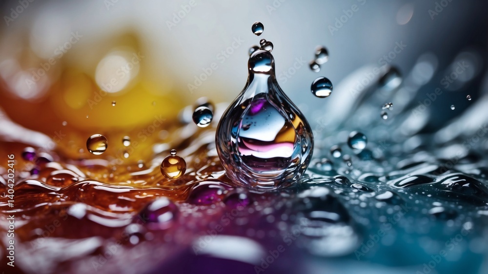 Poster a macro shot of water drops with vibrant colors reflecting light and create a beautiful, abstract composition