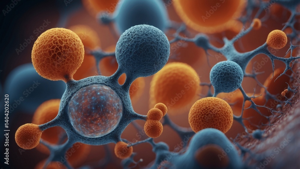 Poster Abstract molecule model with orange and blue spheres connected by thin lines. The image has a depth of field effect, with some spheres in sharp focus and others blurred in the background.