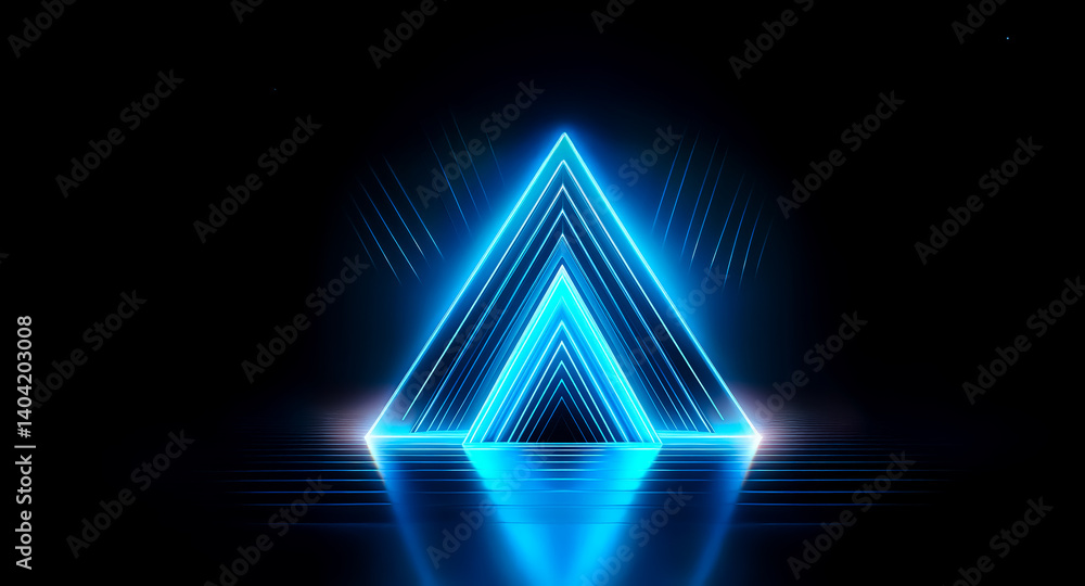 Poster a symmetrical, neon-lit tunnel of triangles. the triangles create a mirrored effect, with the blue l