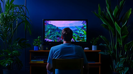 Pixelated Television Screen Displays Landscape Scene Man Watching From Behind Indoor Setting Plants Flanking TV