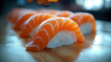 Row of fresh salmon nigiri atop rice, on wooden board. Lights blurred