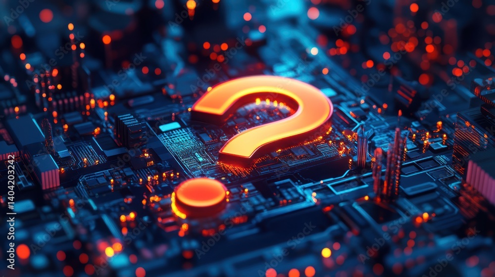 Poster a digital dilemma: question mark on an intricate circuit board backdrop