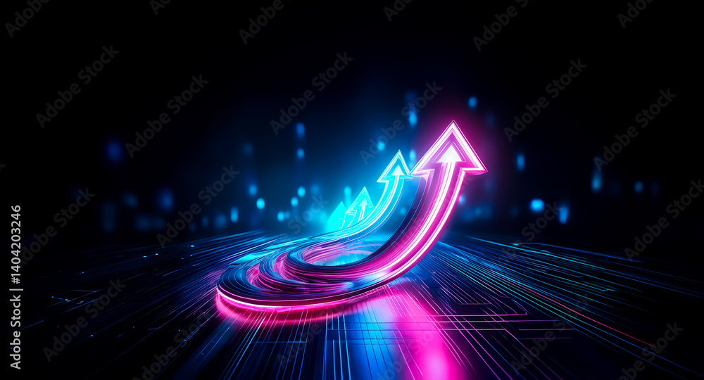 Poster here's a description and keywords: vibrant neon arrows ascend, showcasing growth and progress. dynam