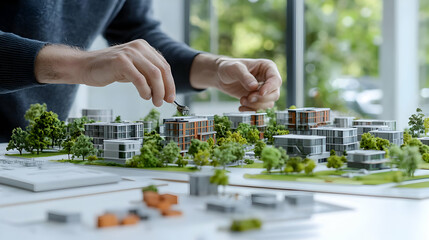 Fototapeta premium Hands Manipulating Miniature Architectural Model Displaying Urban Development Design in Daylight
