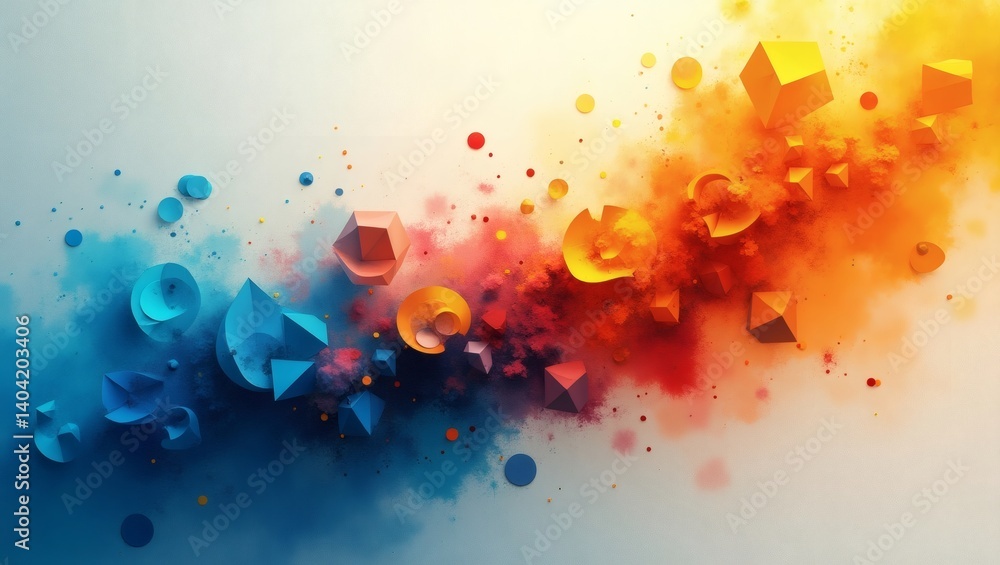 Poster Abstract colorful explosion design. A vibrant composition featuring a burst of colors and geometric shapes, with shades of blue and orange