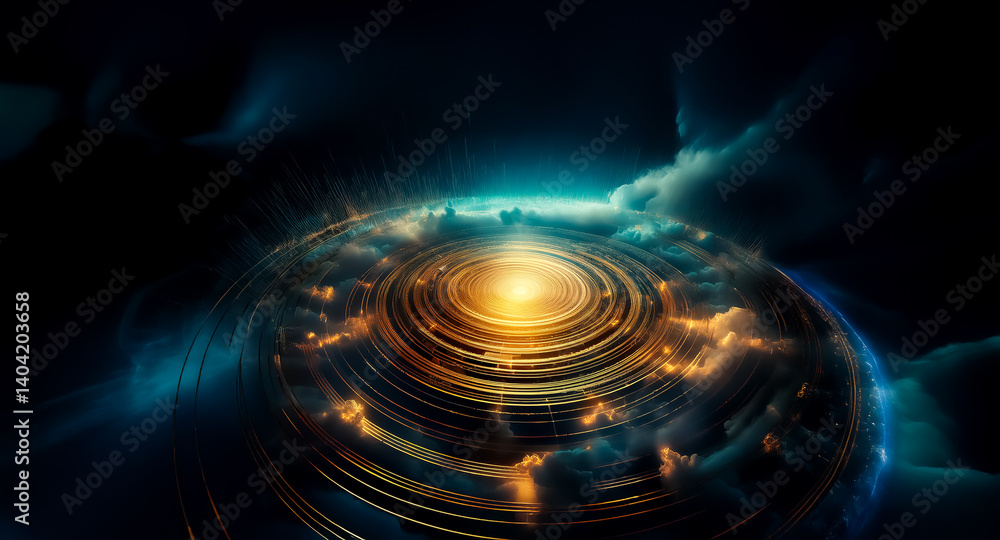 Poster a glowing circular structure floats in the night sky, ringed by clouds and bathed in ethereal light.
