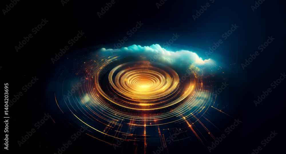 Poster a vibrant, swirling vortex emits light. clouds frame the top, creating a sense of the unknown. hints