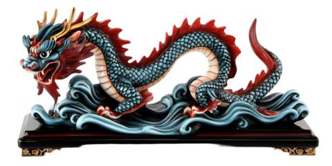 Decorative Illustration of a Dragon Sculpture with Blue Red and Gold Elements in Isolated Transparent Background