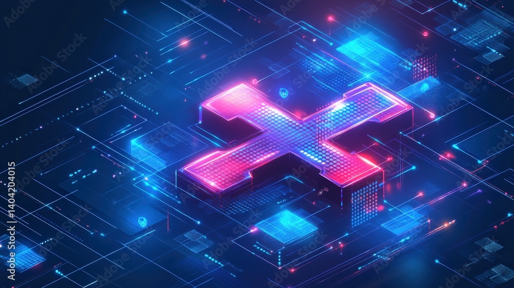 Poster futuristic digital abstract background featuring neon lights and geometric shapes in a tech environm