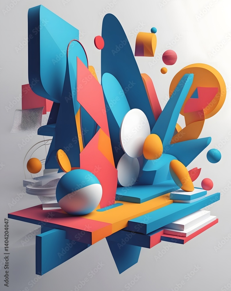 Aufkleber Abstract geometrical shapes in vibrant colors create a dynamic 3D artwork. The composition evokes a sense of depth and modern artistry.
