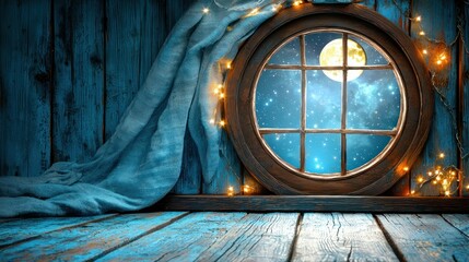 Rustic round window view of moonlit night with draped cloth and warm light