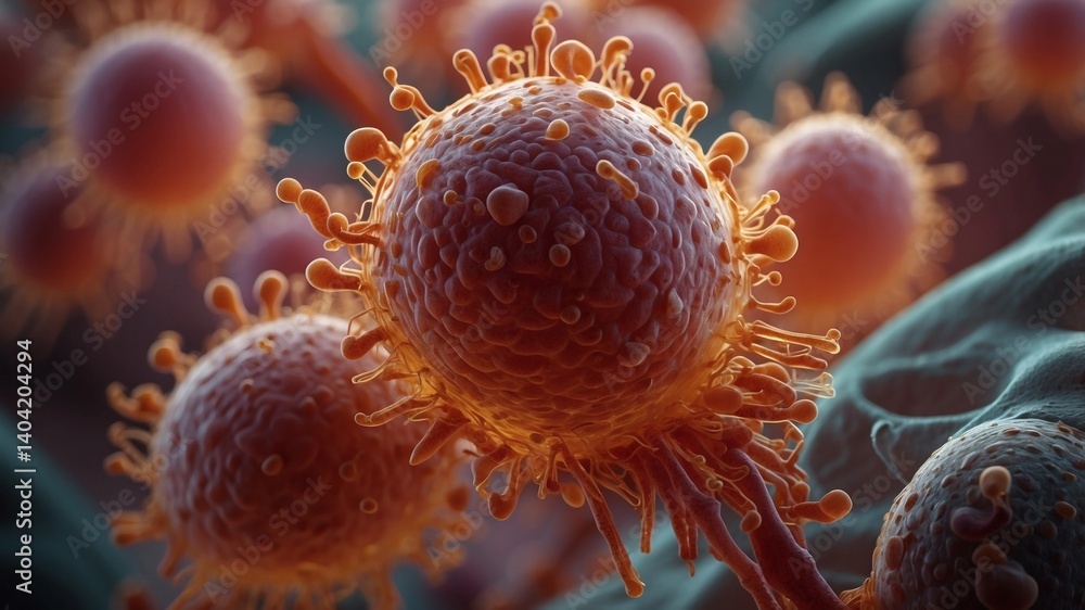 Poster a close-up depiction of the cells, which appears to be biological or medical related. with a focus o