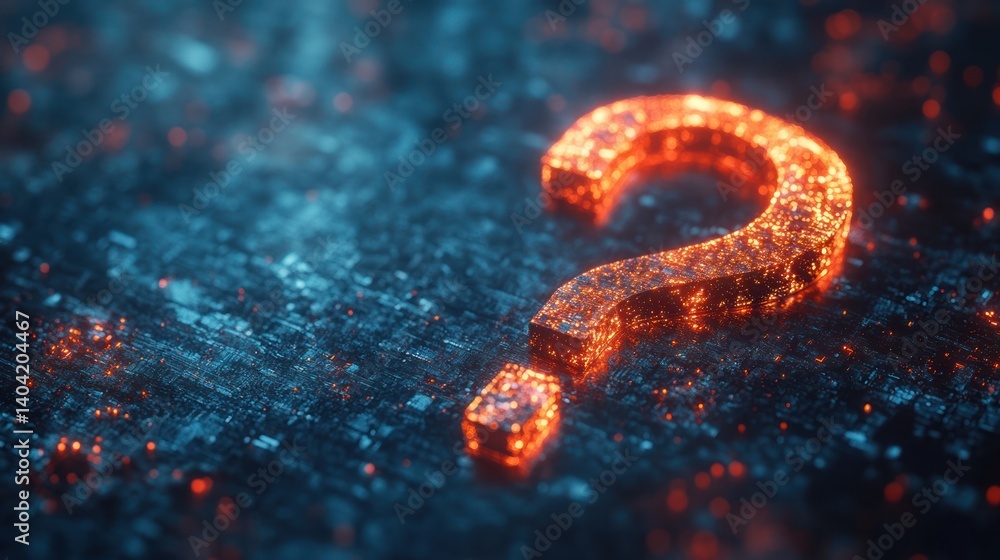 Aufkleber a digital question mark shimmering with illumination on a technology surface