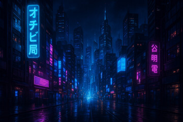 Cyberpunk Neon City Street at Night