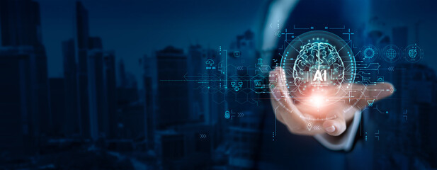 AI, Machine learning, AI Chat, Visionary businessman use the brain of AI to create strategy and...