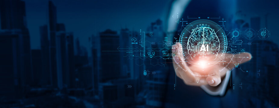 AI, Machine learning, AI Chat, Visionary businessman use the brain of AI to create strategy and plan business in the digital technology era. Business analysis, Science and technology of deep learning