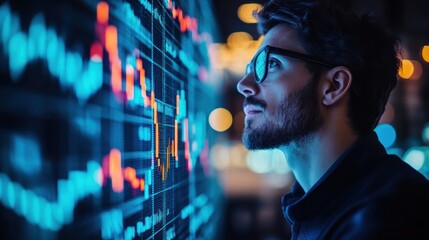 Contemplative analyst observes complex financial data on a luminous screen