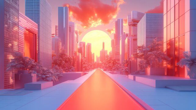 Futuristic metropolis bathed in a warm sunset glow with architectural wonders