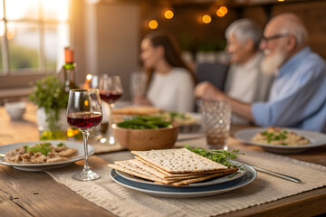 Family Dinner Celebration - Matzah, Wine, and Food on Wooden Table with Loved Ones